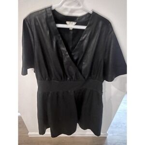 Terra & Sky Black Solid V-Neck Faux Leather  Dress Women's Plus Size 1X